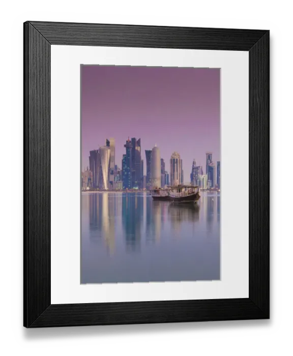 Framed Print : Qatar, Doha, Dhows on Doha Bay with West Bay skyscrapers, dawn Framed Print : Qatar, Doha, Dhows on Doha Bay with West Bay skyscrapers, dawn