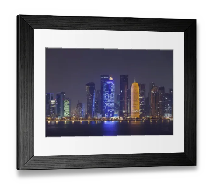 Framed Print : Qatar, Doha, Doha Bay, West Bay skyscrapers dawn, with World Trade Center in blue