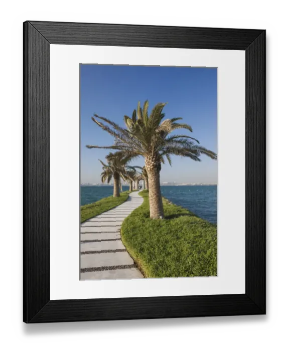 Framed Print : Qatar, Doha, West Bay walkway with palms Framed Print : Qatar, Doha, West Bay walkway with palms