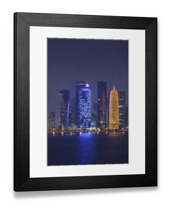 Framed Print : Qatar, Doha, Doha Bay, West Bay skyscrapers dawn, with World Trade Center in blue