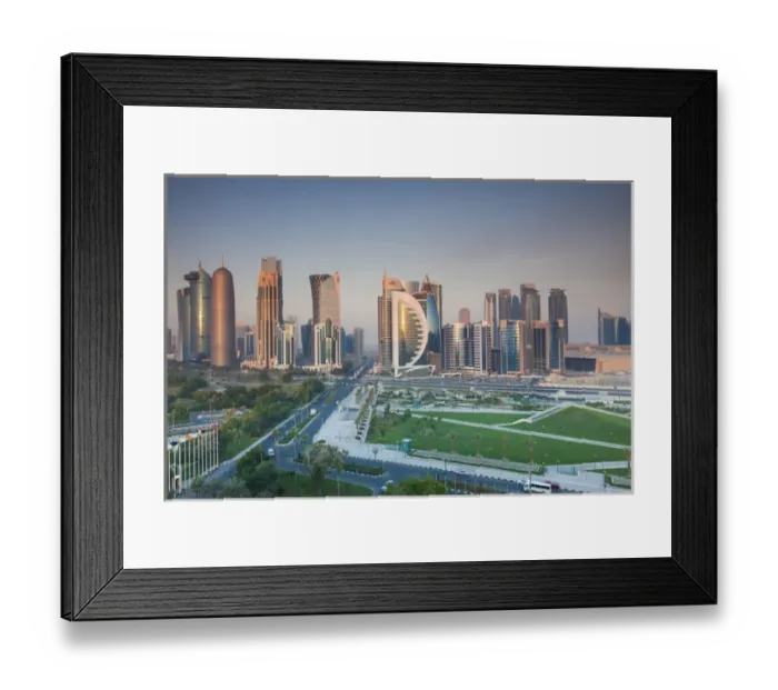 Framed Print : Qatar, Doha, Doha Bay, West Bay Skyscrapers, elevated view, dawn