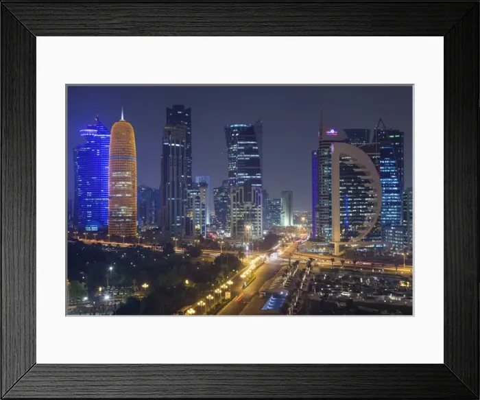 Framed Print : Qatar, Doha, Doha Bay, West Bay Skyscrapers, elevated view, dusk