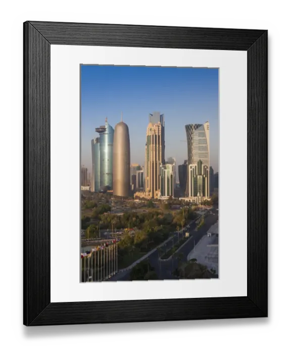 Framed Print : Qatar, Doha, Doha Bay, West Bay Skyscrapers, elevated view, dawn Framed Print : Qatar, Doha, Doha Bay, West Bay Skyscrapers, elevated view, dawn