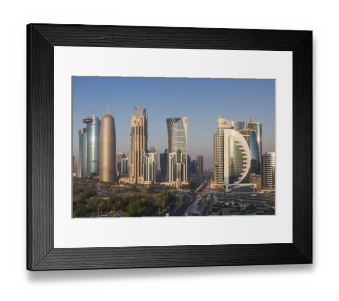 Framed Print : Qatar, Doha, Doha Bay, West Bay Skyscrapers, elevated view, dawn Framed Print : Qatar, Doha, Doha Bay, West Bay Skyscrapers, elevated view, dawn