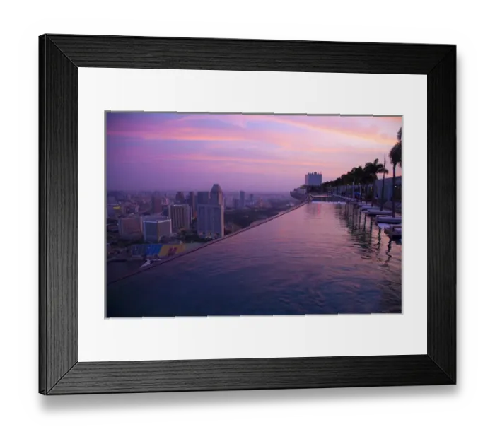 Framed Print : Singapore, Marina Bay Sands Hotel. Cantilevered hotel swimming pool at sunrise. Credit as Framed Print : Singapore, Marina Bay Sands Hotel. Cantilevered hotel swimming pool at sunrise. Credit as