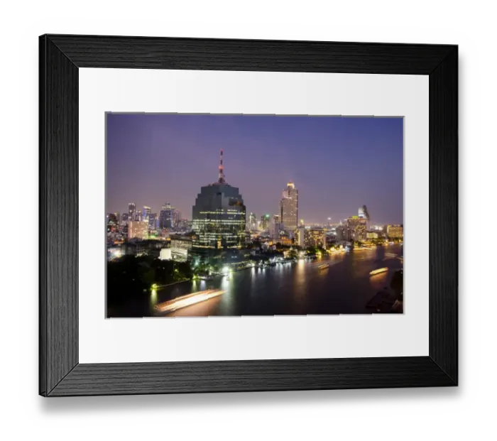 Framed Print : Thailand, Bangkok. Downtown Bangkok, evening skyline view of the Chao Phraya river Framed Print : Thailand, Bangkok. Downtown Bangkok, evening skyline view of the Chao Phraya river