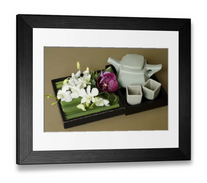 Framed Print : Thailand, Bangkok. Traditional Thai tea pot and cups with orchid arrangement Framed Print : Thailand, Bangkok. Traditional Thai tea pot and cups with orchid arrangement