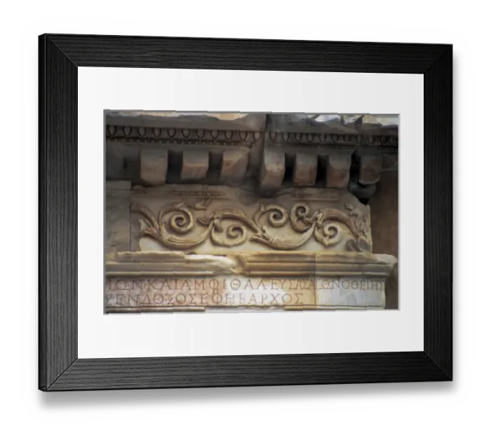 Framed Print : Europe, Turkey, Ephesus. Roman decorative carvings in marble on a ruin, using Greek classical motif