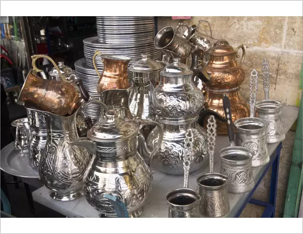 Asia, Turkey, Gaziantep. Medina, Copper souk (copper Turkish coffee making pots)