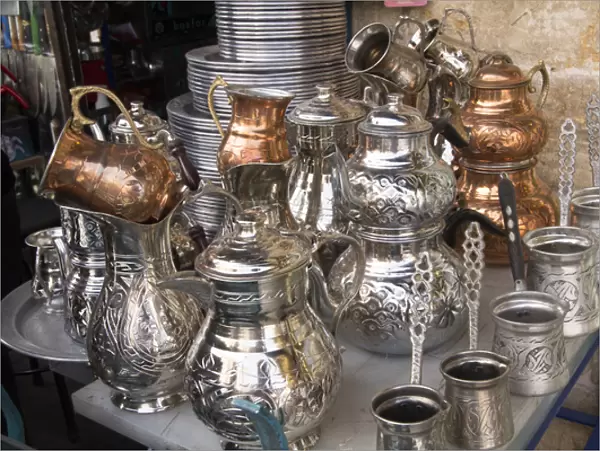 Asia, Turkey, Gaziantep. Medina, Copper souk (copper Turkish coffee making pots)