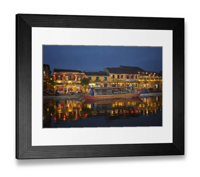 Framed Print : Boat and restaurants reflected in Thu Bon River at dusk, Hoi An (UNESCO World Heritage Site) Framed Print : Boat and restaurants reflected in Thu Bon River at dusk, Hoi An (UNESCO World Heritage Site)