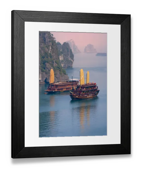 Framed Print : Junk boat and karst islands in Halong Bay, UNESCO World Heritage site Framed Print : Junk boat and karst islands in Halong Bay, UNESCO World Heritage site