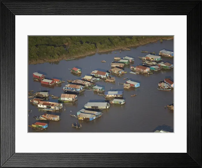 Framed Print : Chong Khneas Floating Village, Tonle Sap Lake, near Siem Reap, Cambodia - aerial