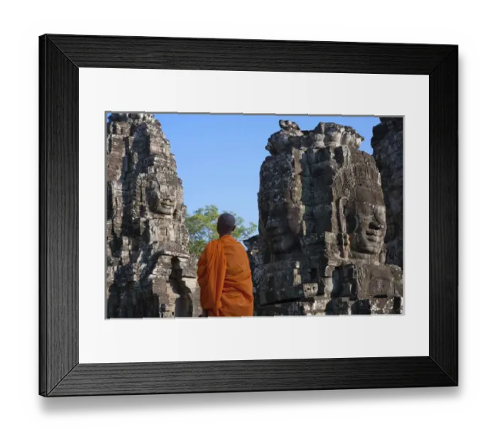 Framed Print : Monk with huge smiling face at Bayon Temple, Angkor Thom, UNESCO World Heritage site