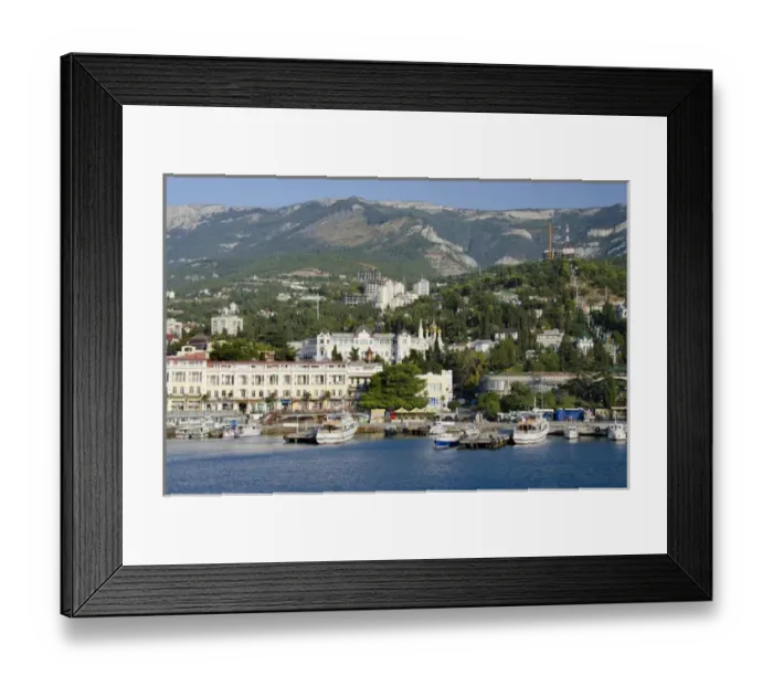 Framed Print : Ukraine, Yalta. Black Sea view of the port of Yalta with the Crimean Mountains in Framed Print : Ukraine, Yalta. Black Sea view of the port of Yalta with the Crimean Mountains in