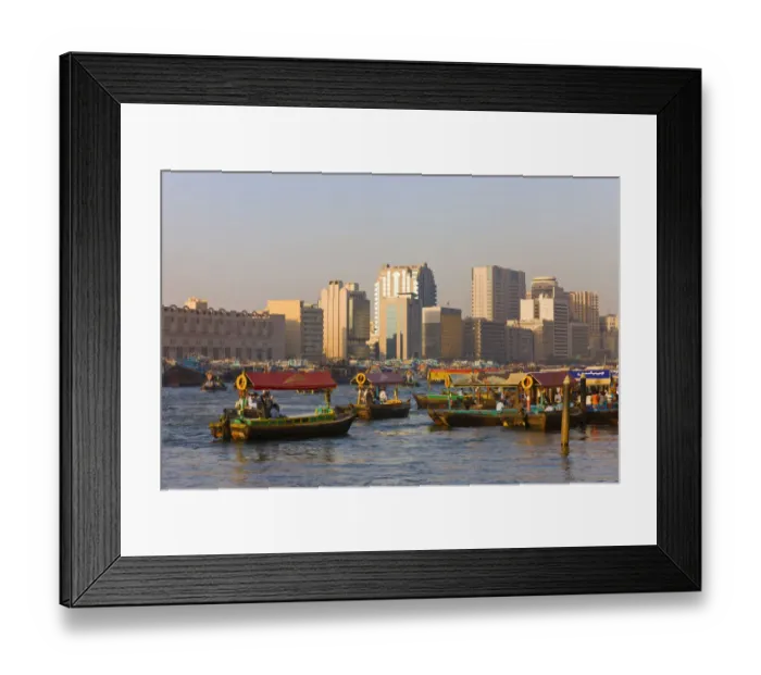 Framed Print : Ferry boats and skyline along Khor Dubai (Dubai Creek), Dubai, UAE Framed Print : Ferry boats and skyline along Khor Dubai (Dubai Creek), Dubai, UAE