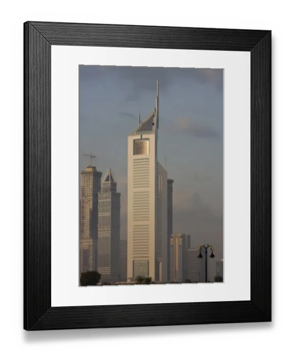 Framed Print : United Arab Emirates, Dubai. Emirates Towers and The Tower in morning light. Credit as Framed Print : United Arab Emirates, Dubai. Emirates Towers and The Tower in morning light. Credit as