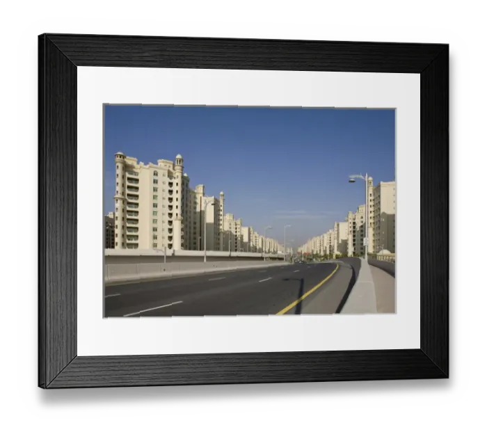 Framed Print : United Arab Emirates, Dubai. Road into the Palm Jumeirah with apartment buildings