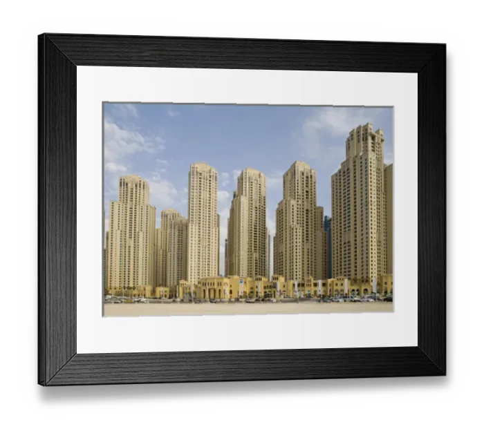 Framed Print : United Arab Emirates, Dubai, Marina. Jumeirah Beach Residence buildings behind beach