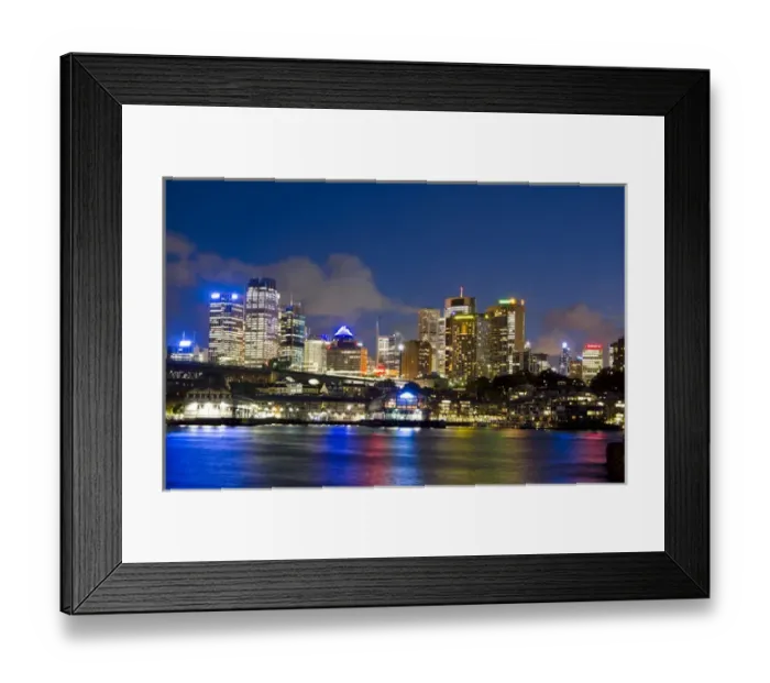 Framed Print : Colorful twilight night shot of colorful skyline of offices in Sydney Australia New Framed Print : Colorful twilight night shot of colorful skyline of offices in Sydney Australia New