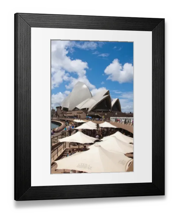 Framed Print : Restaurant and umbrellas in area of famous Sydney Opera House in harbour in New South