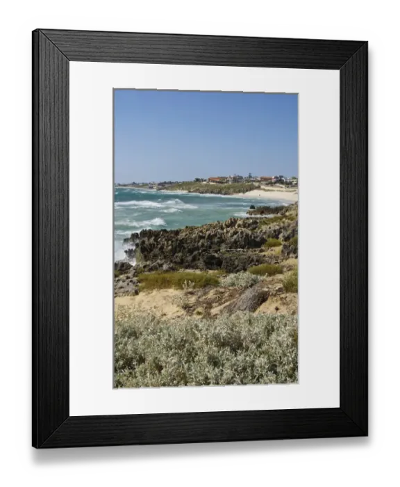 Framed Print : Beautiful shoreline and rocks with waves in North Beach area of Perth in Western