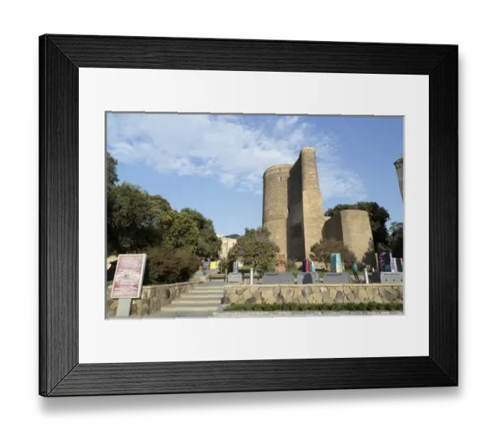 Framed Print : Azerbaijan, Baku. The Maiden Tower in Baku, with artistic representations of it in front Framed Print : Azerbaijan, Baku. The Maiden Tower in Baku, with artistic representations of it in front