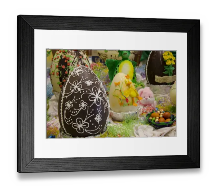Framed Print : Australia. Easter display of ornately decorated large dark chocolate eggs and candy