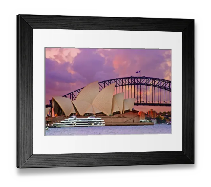 Framed Print : Australia, Sydney, New South Wales, Sydney harbor Bridge and Sydney Opera House at Sunset