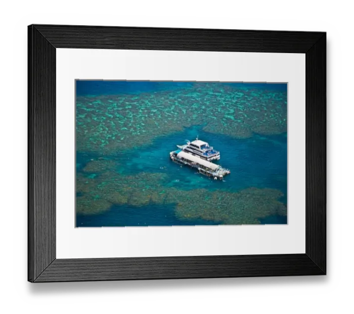Framed Print : Aerial view of a tour boat docked at a pontoon at the Great Barrier Reef, Queensland
