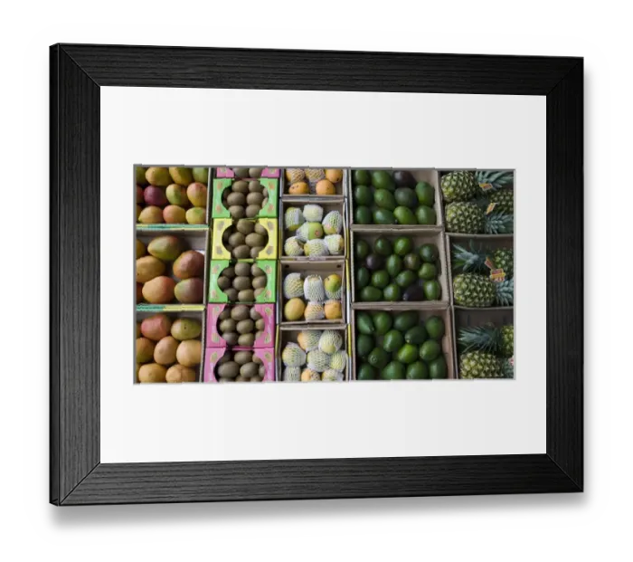 Framed Print : United Arab Emirates, Abu Dhabi. Close-up of various fruit in boxes on display at a market