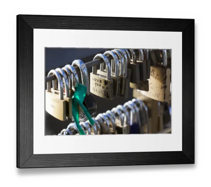Framed Print : Australia, Victoria, VIC, Melbourne, love locks attached to Yarra River footbridge Framed Print : Australia, Victoria, VIC, Melbourne, love locks attached to Yarra River footbridge