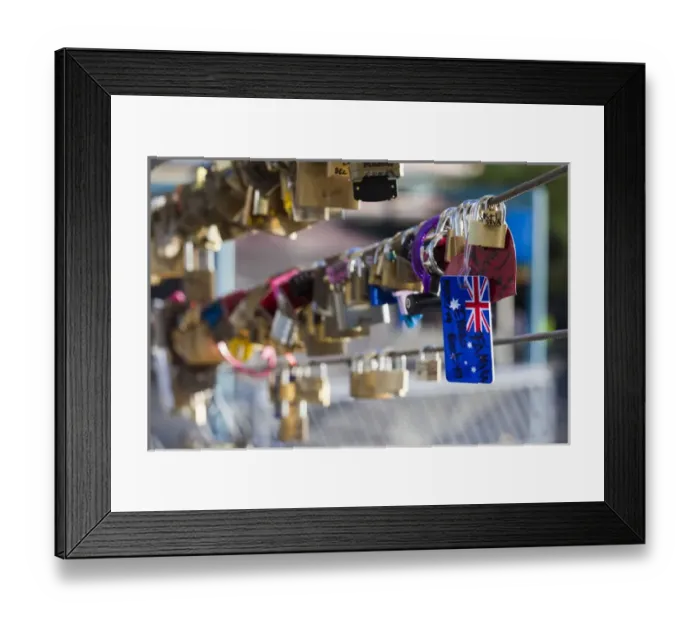 Framed Print : Australia, Victoria, VIC, Melbourne, love locks attached to Yarra River footbridge Framed Print : Australia, Victoria, VIC, Melbourne, love locks attached to Yarra River footbridge