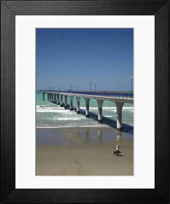 Framed Print : New Brighton Pier and man walking dog, Christchurch, Canterbury, South Island, New Framed Print : New Brighton Pier and man walking dog, Christchurch, Canterbury, South Island, New
