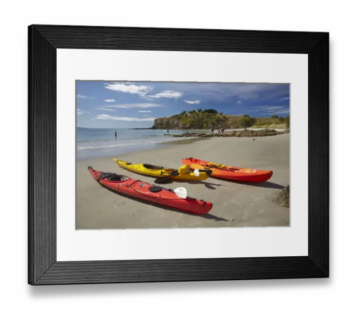 Framed Print : Kayaks on beach near Doctors Point, and Mapoutahi Pa, Historic Maori Pa Site, north of Dunedin Framed Print : Kayaks on beach near Doctors Point, and Mapoutahi Pa, Historic Maori Pa Site, north of Dunedin