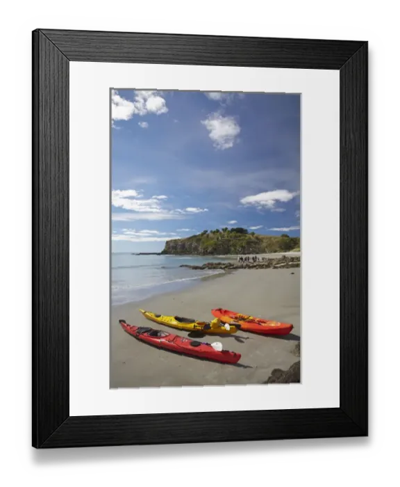 Framed Print : Kayaks on beach near Doctors Point, and Mapoutahi Pa, Historic Maori Pa Site, north of Dunedin Framed Print : Kayaks on beach near Doctors Point, and Mapoutahi Pa, Historic Maori Pa Site, north of Dunedin