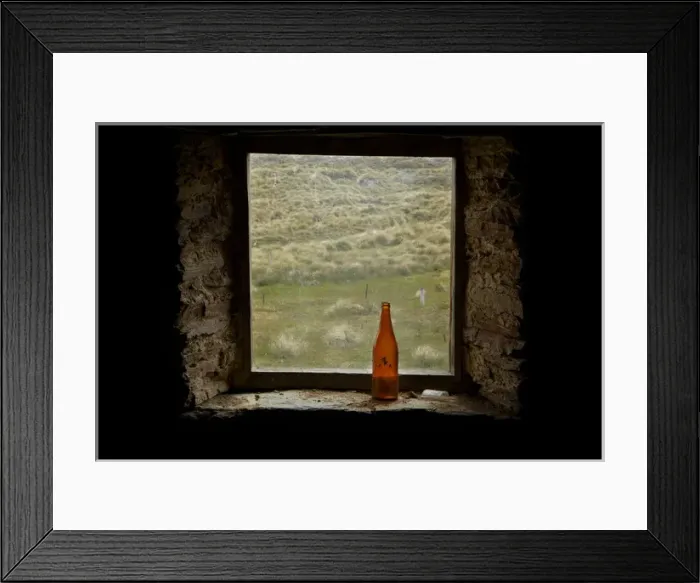 Framed Print : Old bottle in window of Potters Huts, by historic gold fields, Old Man Range, Southland Framed Print : Old bottle in window of Potters Huts, by historic gold fields, Old Man Range, Southland