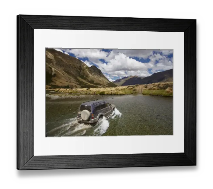 Framed Print : 4WD crossing the Mararoa River, near Mavora Lakes, Southland, South Island, New Zealand