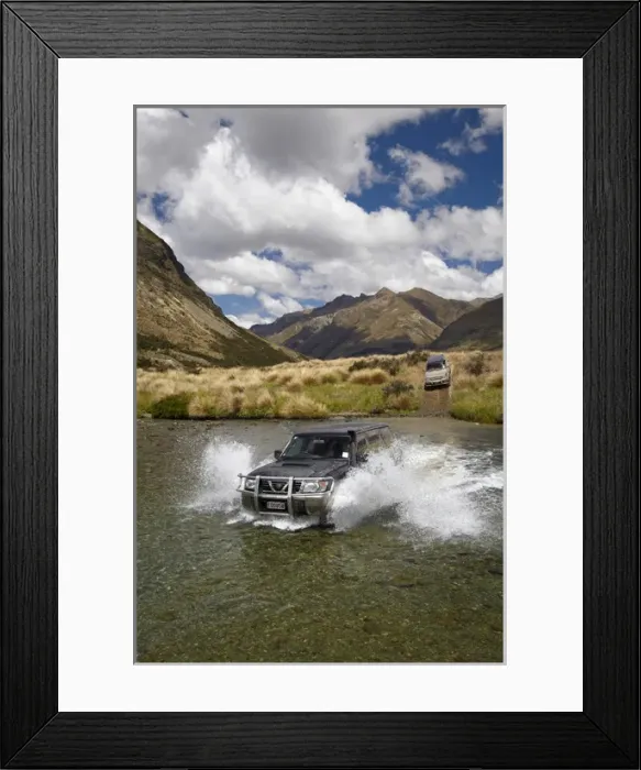 Framed Print : 4WD crossing the Mararoa River, near Mavora Lakes, Southland, South Island, New Zealand