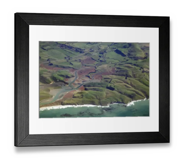 Framed Print : Pleasant River, near Palmerston, East Otago, South Island, New Zealand - aerial Framed Print : Pleasant River, near Palmerston, East Otago, South Island, New Zealand - aerial