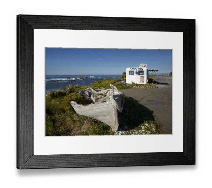 Framed Print : Wooden dinghy, and Nins Bin lobster caravan, Kaikoura Coast, Marlborough, South Island