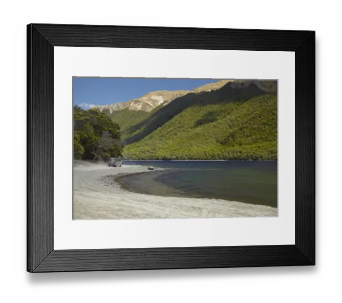 Framed Print : 4WD on track around North Mavora Lake, and Livingstone Mountains, Southland, South Island