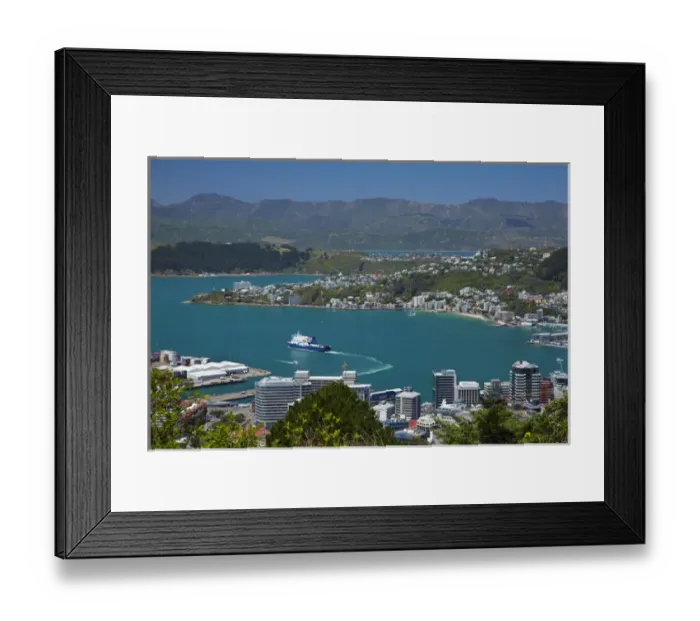 Framed Print : Central Business District, Bluebridge ferry in Wellington Harbour and Oriental Bay, Wellington, North Island Framed Print : Central Business District, Bluebridge ferry in Wellington Harbour and Oriental Bay, Wellington, North Island