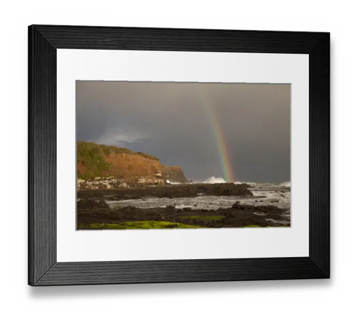 Framed Print : South Pacific, New Zealand, South Island. A rainbow arcs over Curio Bay. Credit as Framed Print : South Pacific, New Zealand, South Island. A rainbow arcs over Curio Bay. Credit as