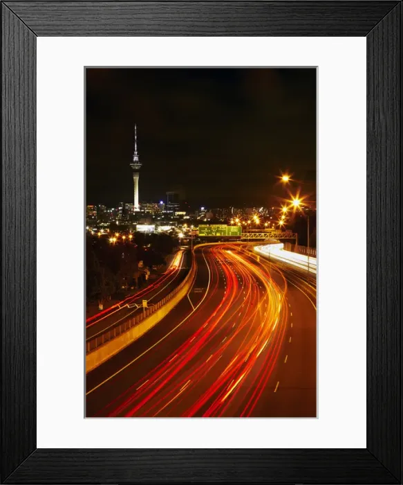 Framed Print : Northern Motorway and Skytower at night, Auckland, North Island, New Zealand