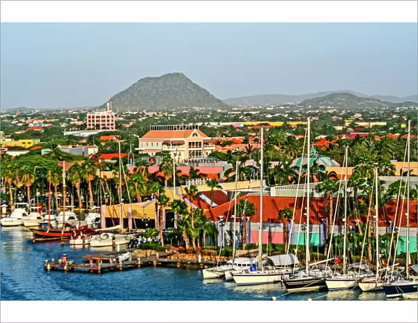 Oranjestad, Aruba. Aerial view of Oranjestad marina, waterfront, boats, Marketplace