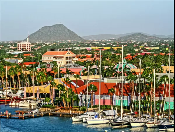 Oranjestad, Aruba. Aerial view of Oranjestad marina, waterfront, boats, Marketplace