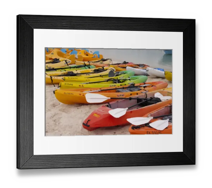 Framed Print : Bahamas, Eleuthera, Princess Cays, kayaks on beach