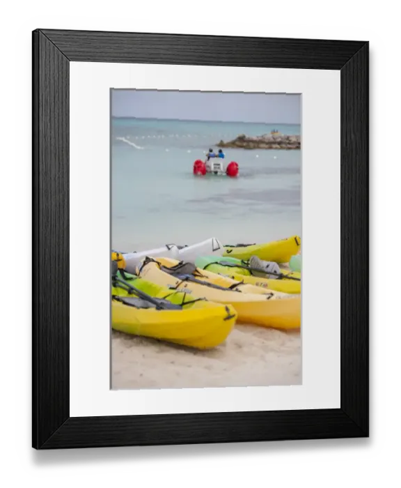 Framed Print : Bahamas, Eleuthera, Princess Cays, kayaks on beach, Aqua bike