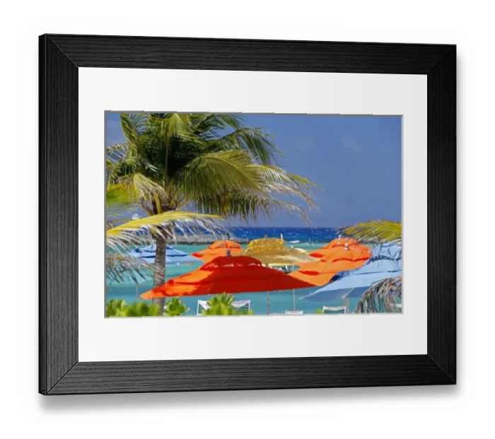 Framed Print : Caribbean, Bahamas, Castaway Cay. Umbrellas and Shade at Castaway Cay